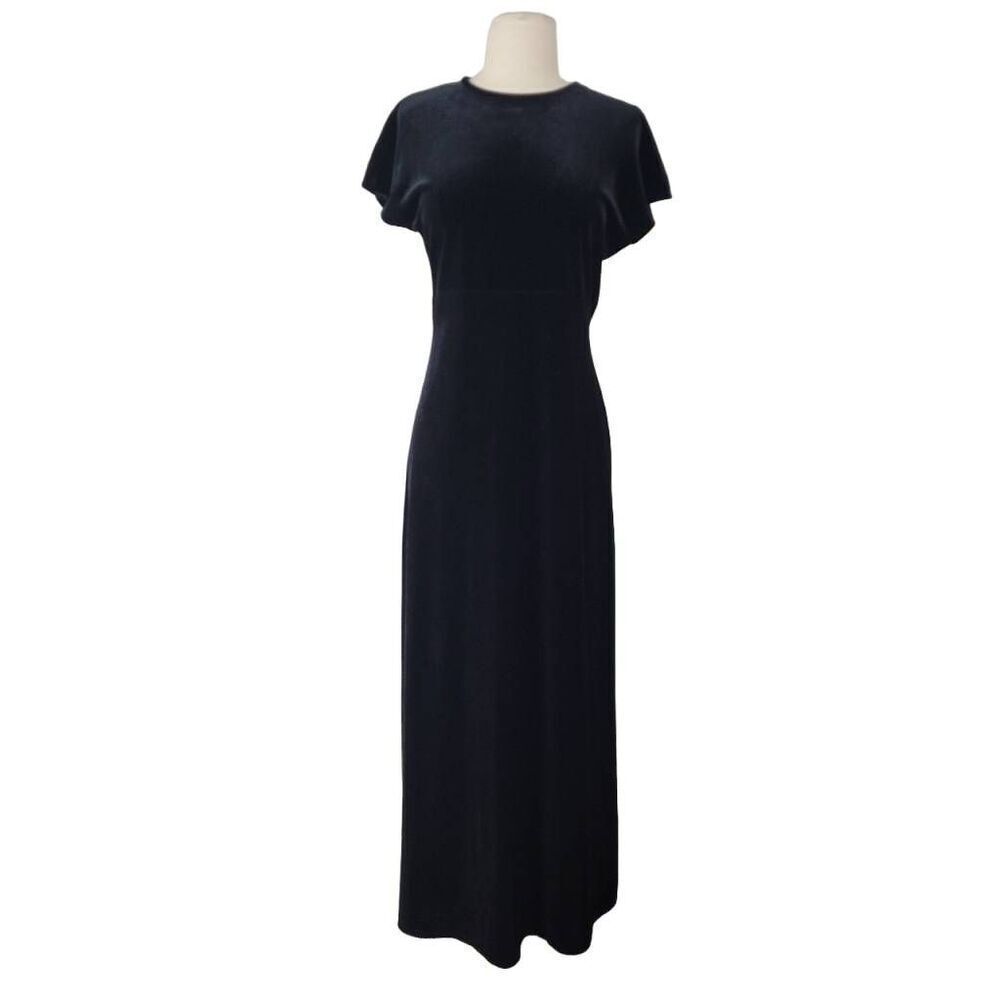 Vtg Casual Corner‎ Black Velvet Midi Maxi Dress Sz S Classic Modest Minimalist